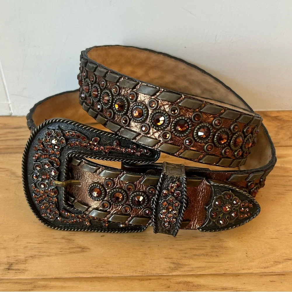 Vintage Leather Rock Rhinestone Western Cowgirl Belt Copper Bronze Cognac USA